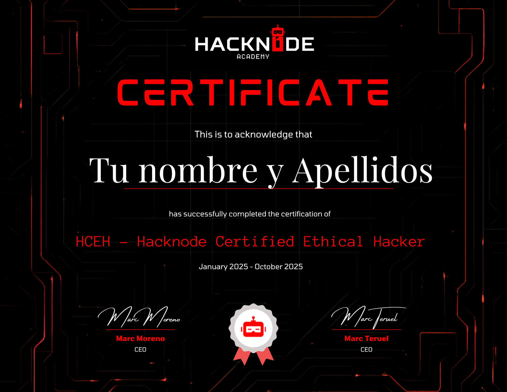 Muestra del certificado del curso Hacknode Certified Ethical Hacker - HCEH