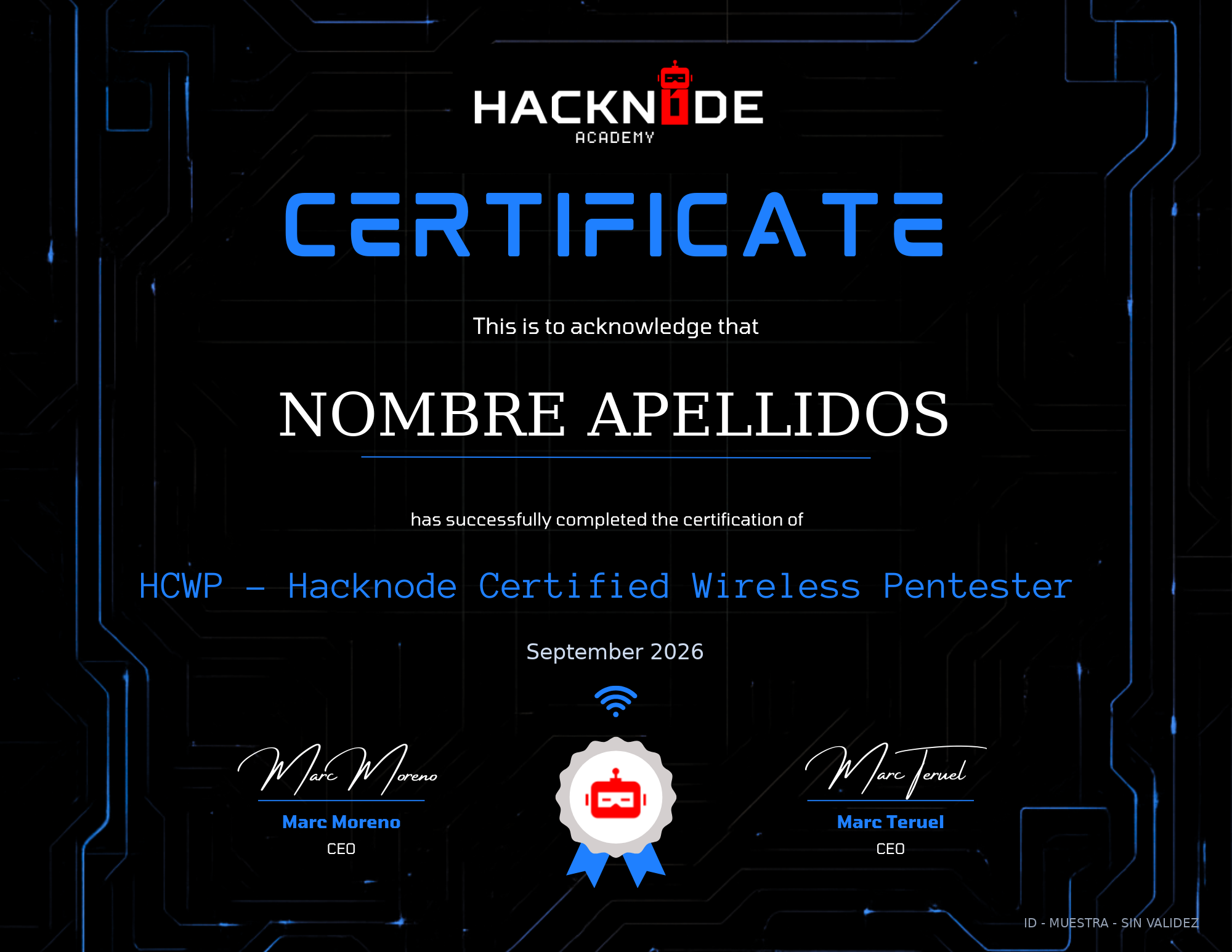 Muestra del certificado del curso Hacknode Certified Wireless Pentester - HCWP